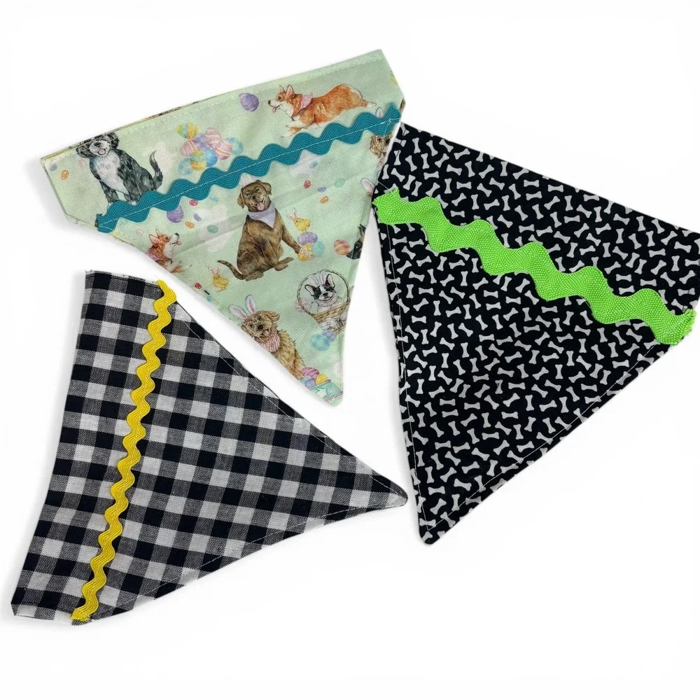 Handmade Dog Bandana Set of 3 Easter Dogs Buffalo Plaid Bone Print Rickrack Trim